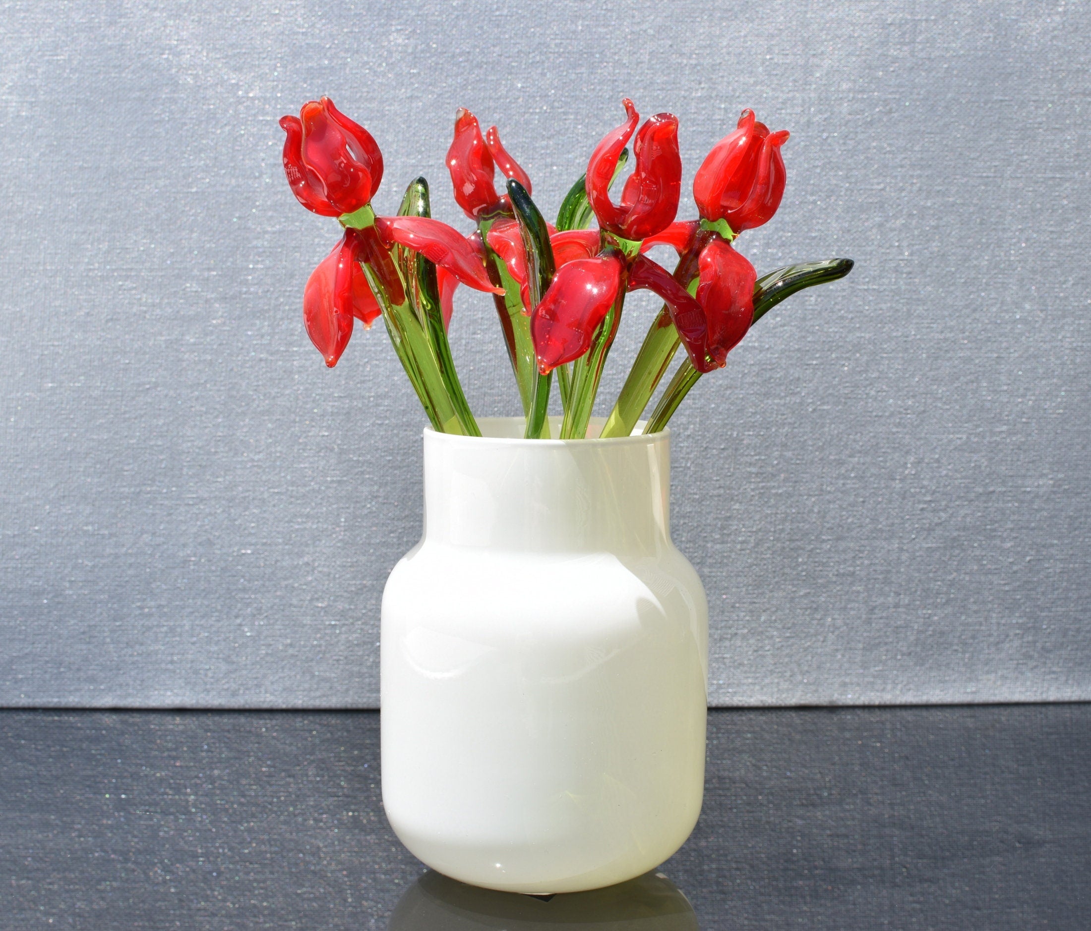 Red Glass Iris Flower: Handmade Flame-Worked Sculpture (7.5-8 inch)