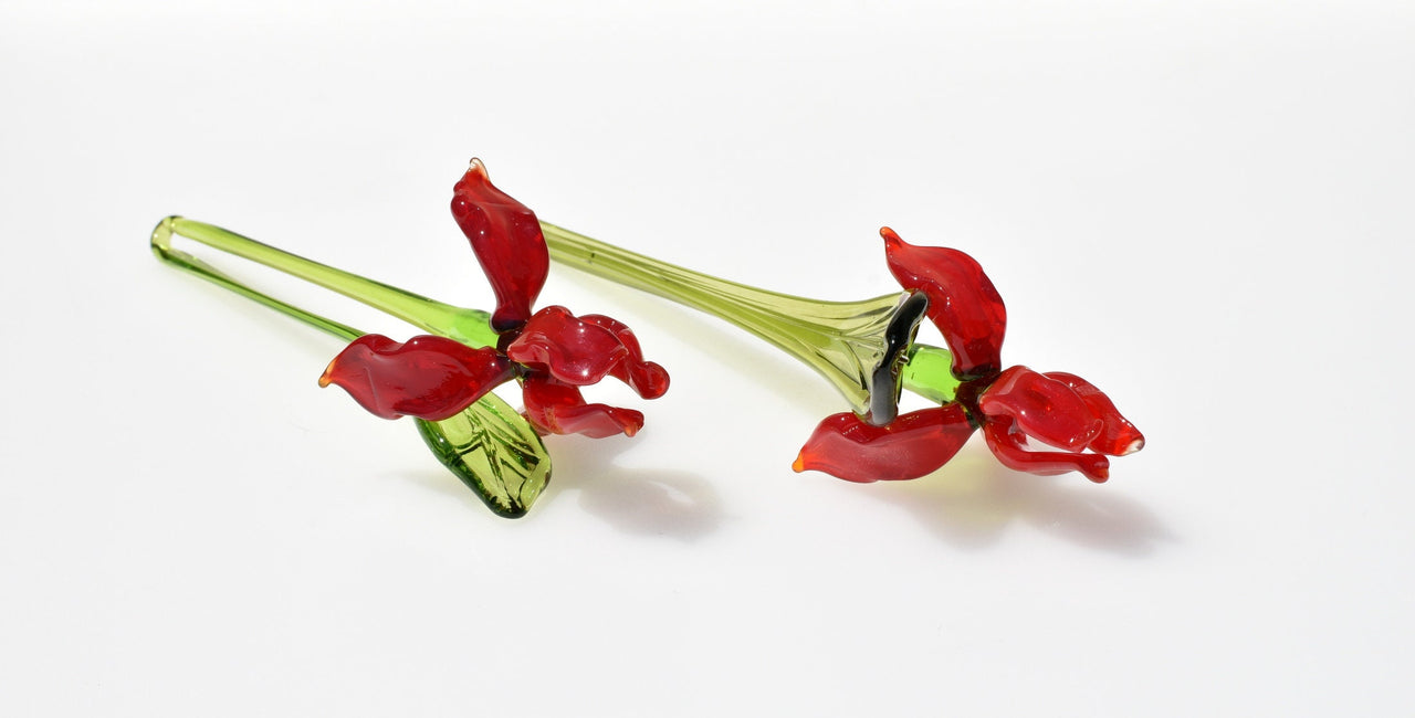 Red Glass Iris Flower: Handmade Flame-Worked Sculpture (7.5-8 inch)