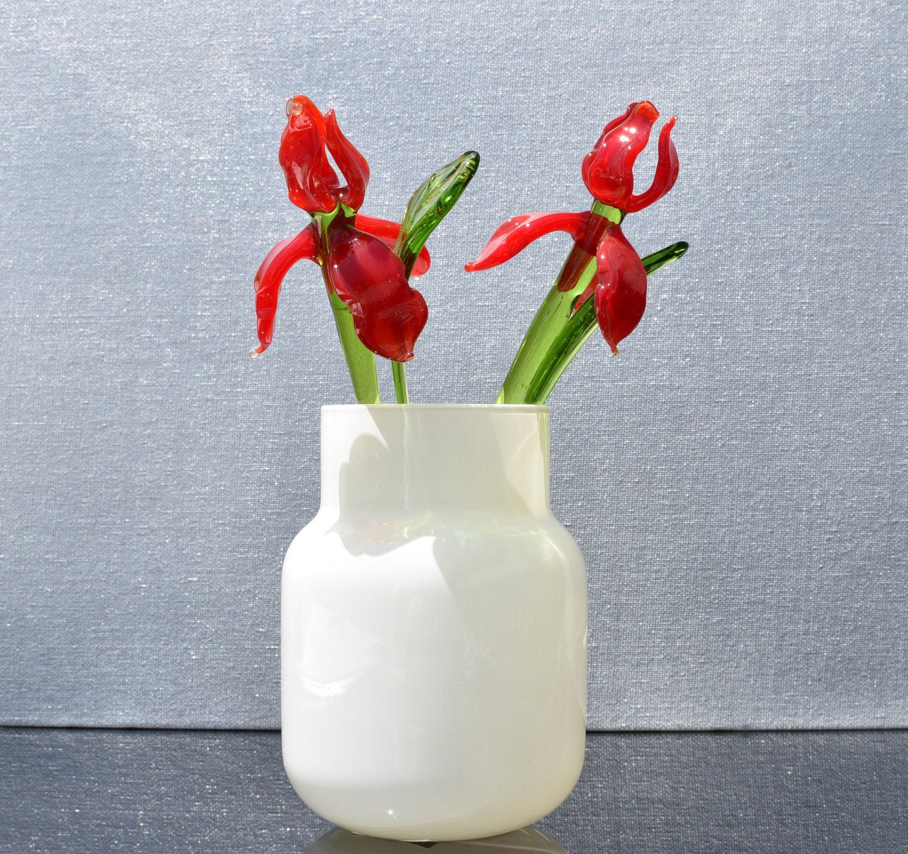 Red Glass Iris Flower: Handmade Flame-Worked Sculpture (7.5-8 inch)