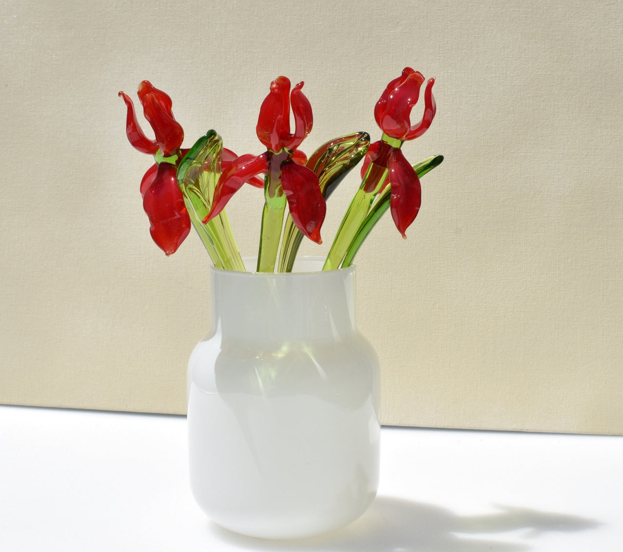 Red Glass Iris Flower: Handmade Flame-Worked Sculpture (7.5-8 inch)