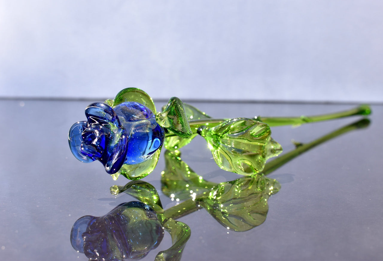 Handmade Blue Glass Rose, Flame work Sculpture, Art Glass Gift