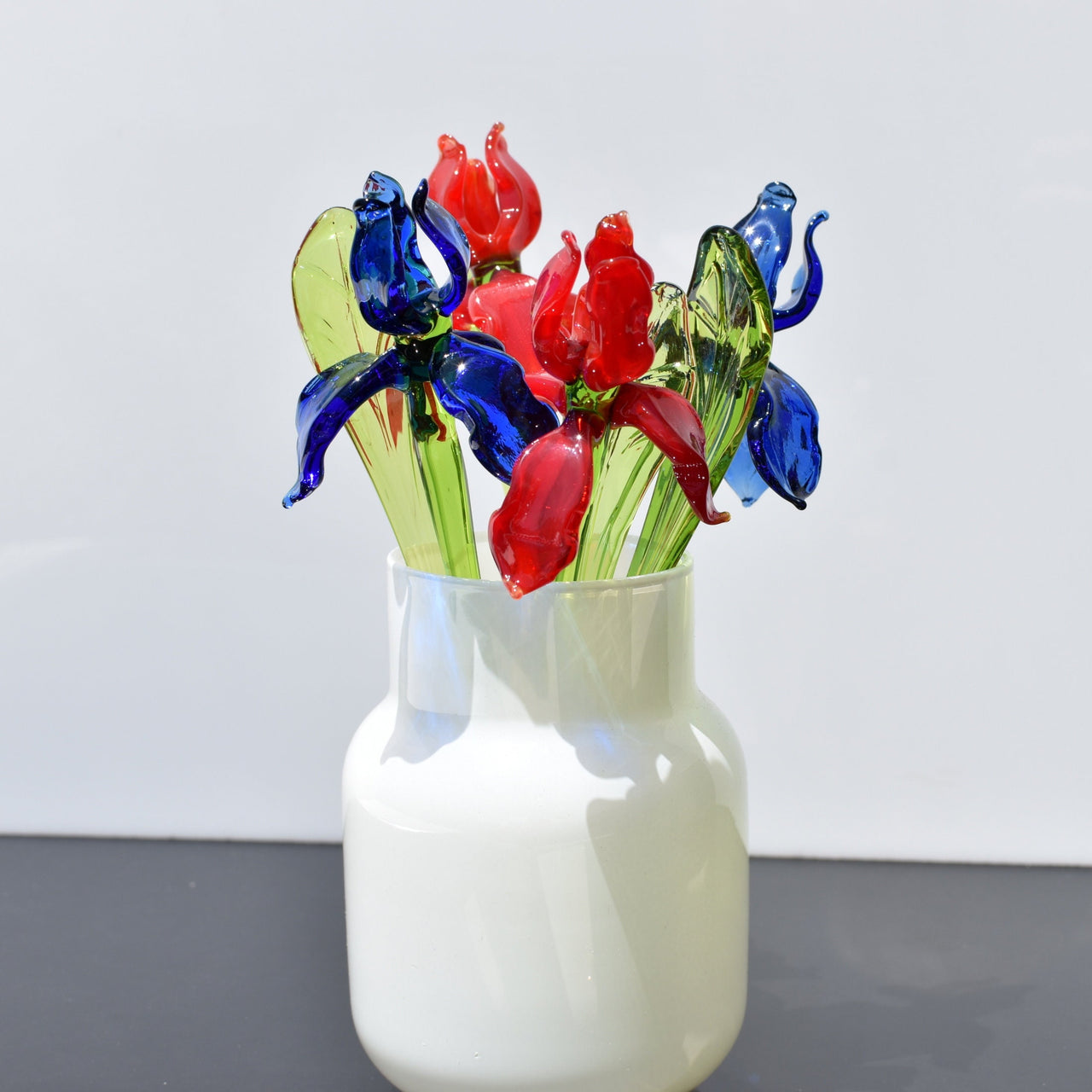 Handmade Glass Iris Bouquet: Red and Blue Flame-Worked Flowers