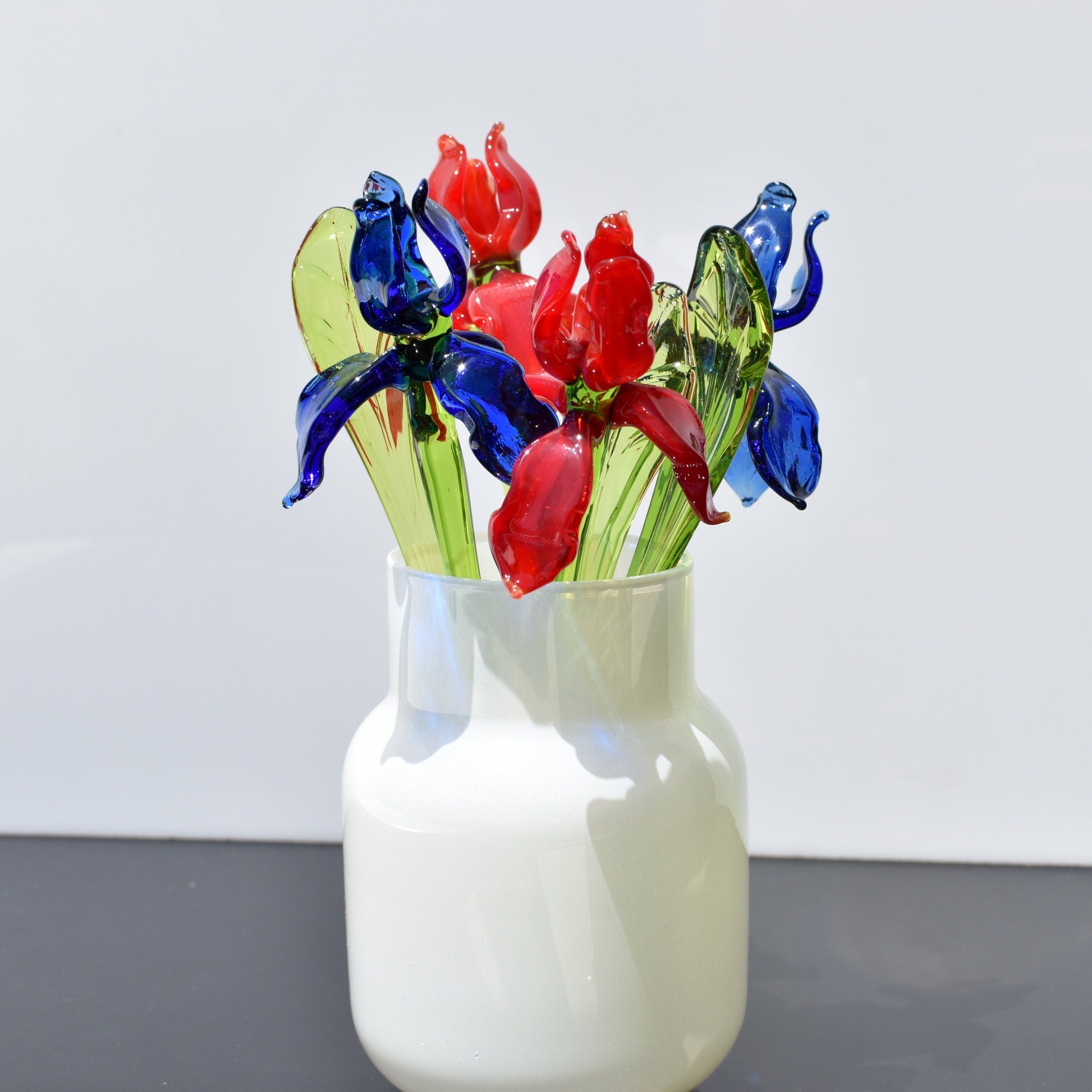 Handmade Glass Iris Bouquet: Red and Blue Flame-Worked Flowers