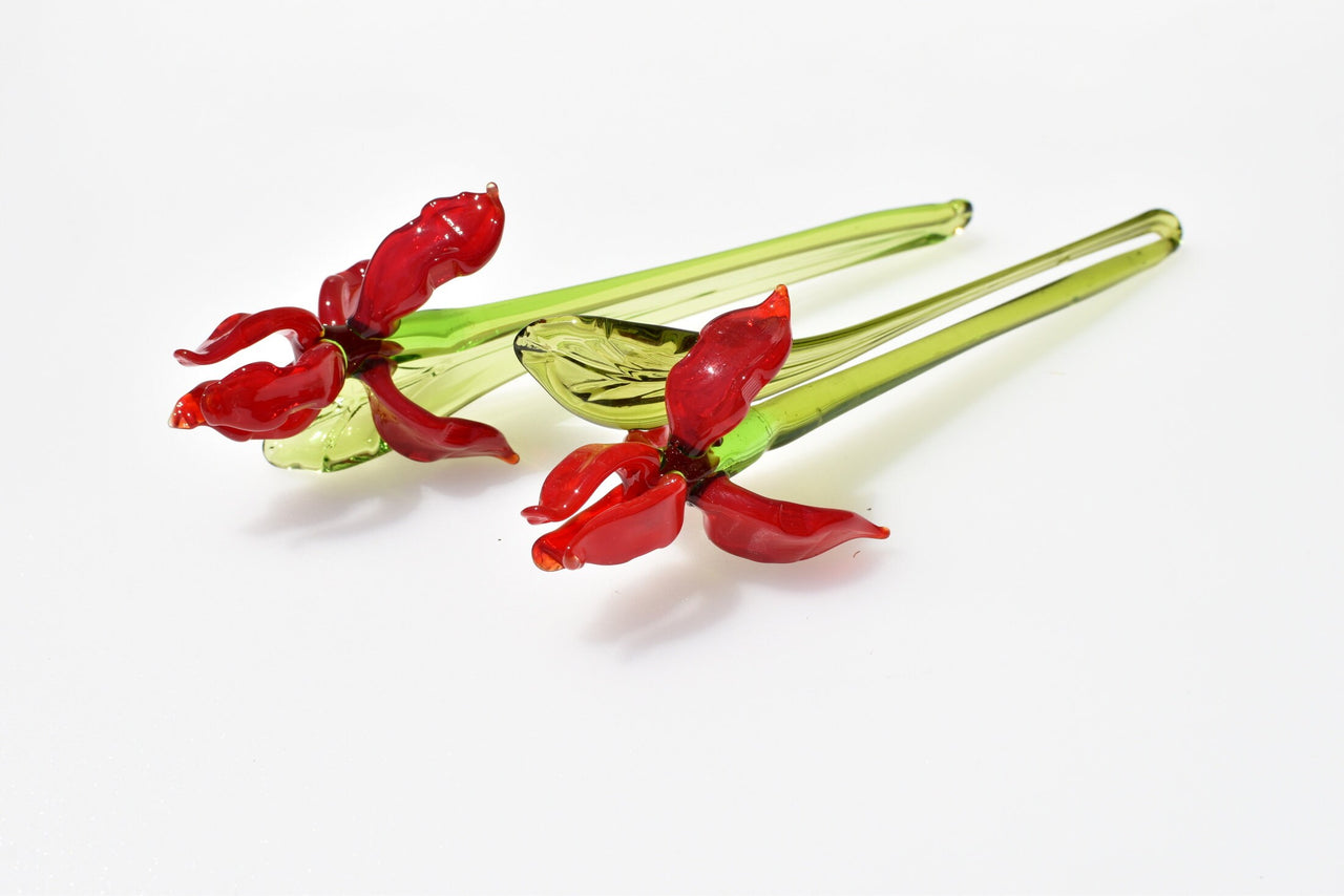 Red Glass Iris Flower: Handmade Flame-Worked Sculpture (7.5-8 inch)