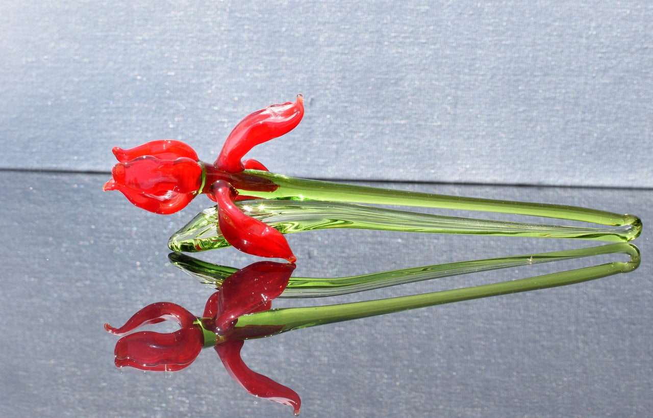Red Glass Iris Flower: Handmade Flame-Worked Sculpture (7.5-8 inch)