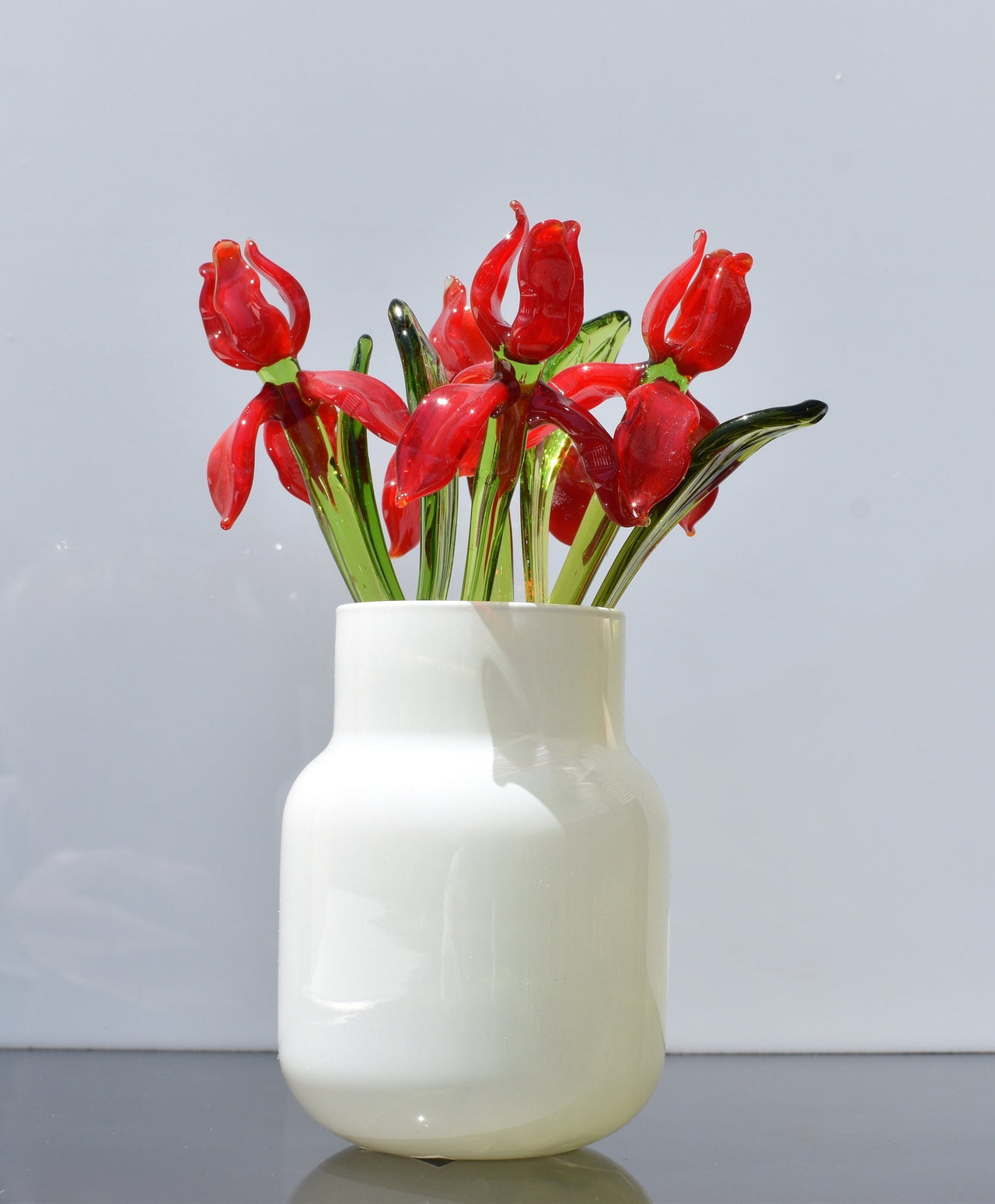 Red Glass Iris Flower: Handmade Flame-Worked Sculpture (7.5-8 inch)