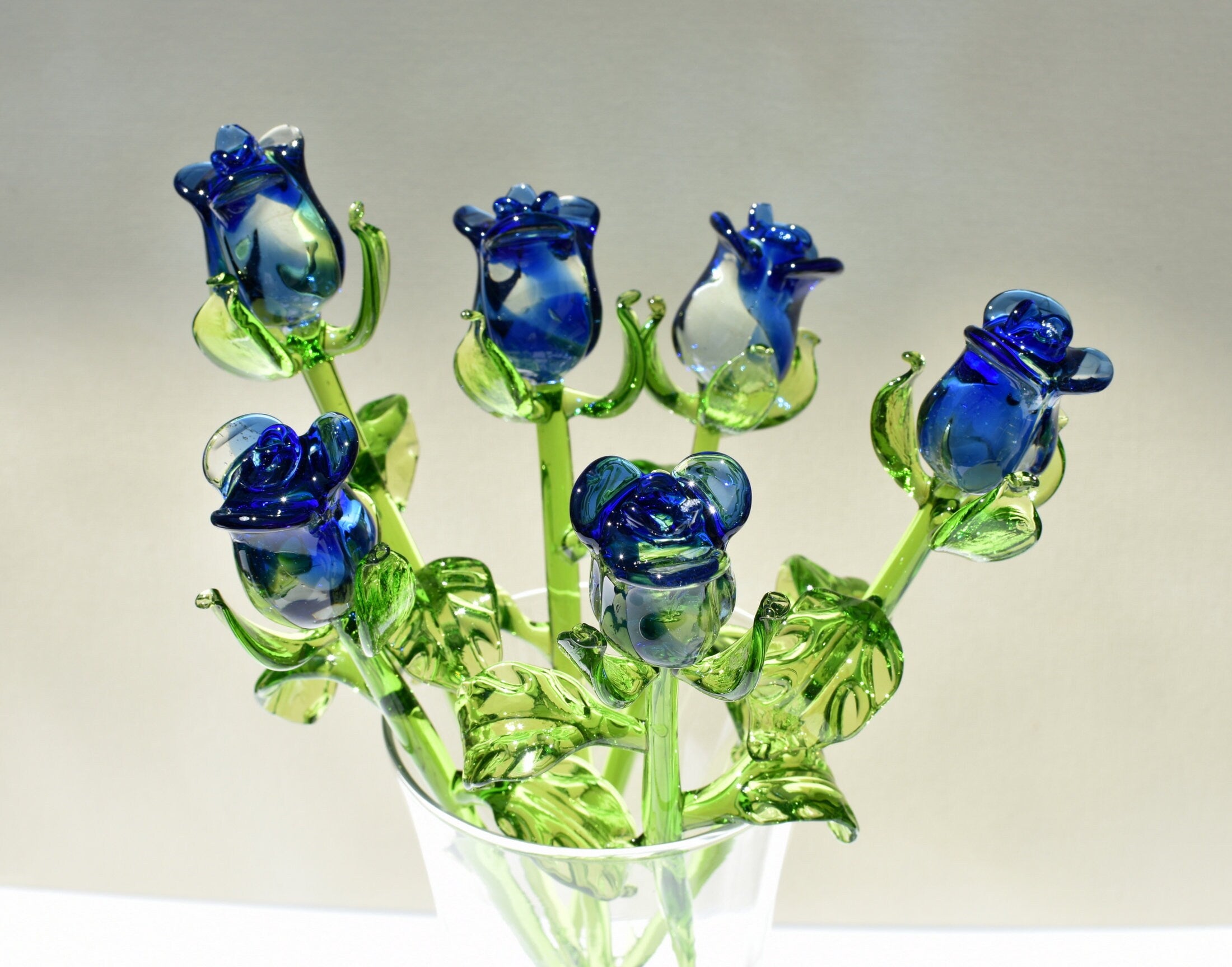 Handmade Blue Glass Rose, Flame work Sculpture, Art Glass Gift