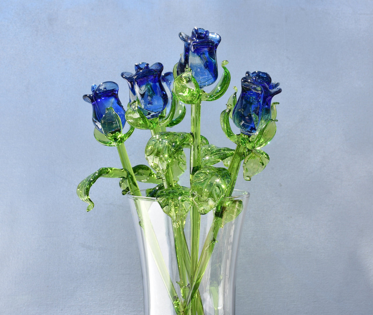 Handmade Blue Glass Rose, Flame work Sculpture, Art Glass Gift