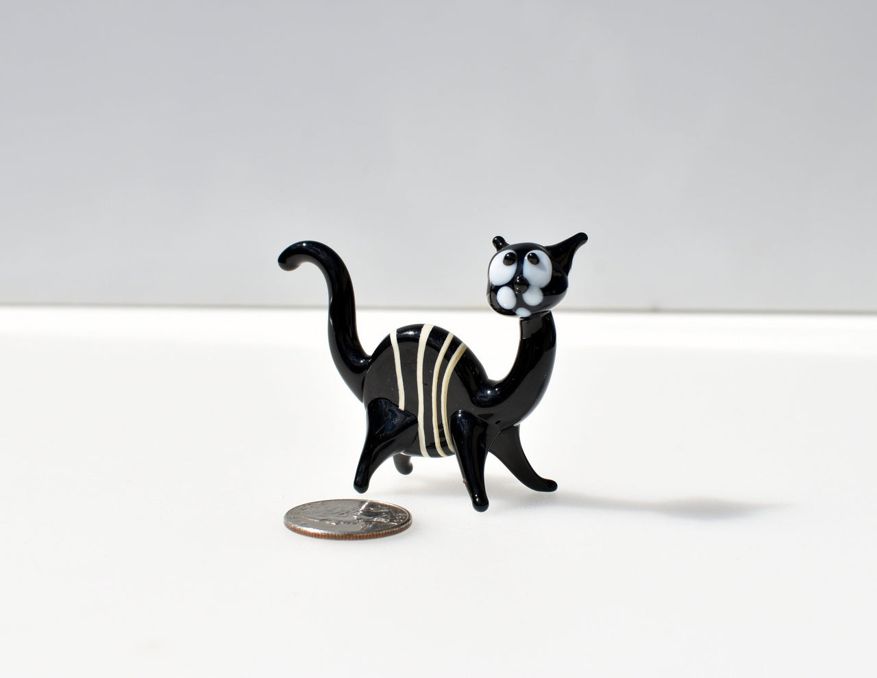 Handmade Black & White Striped Glass Cat Figurine: Art Glass Sculpture