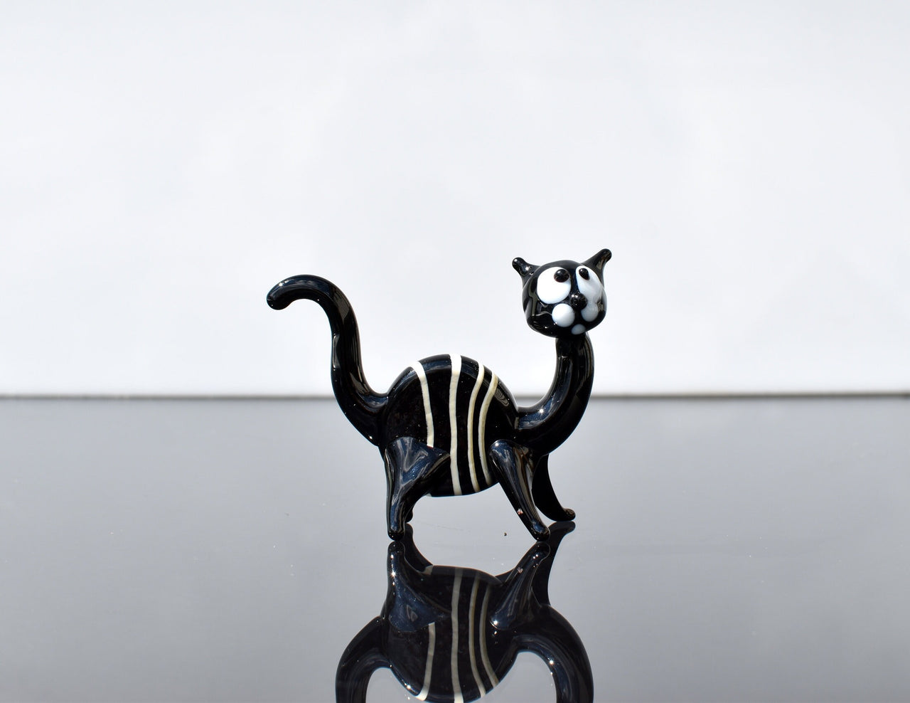 Handmade Black & White Striped Glass Cat Figurine: Art Glass Sculpture