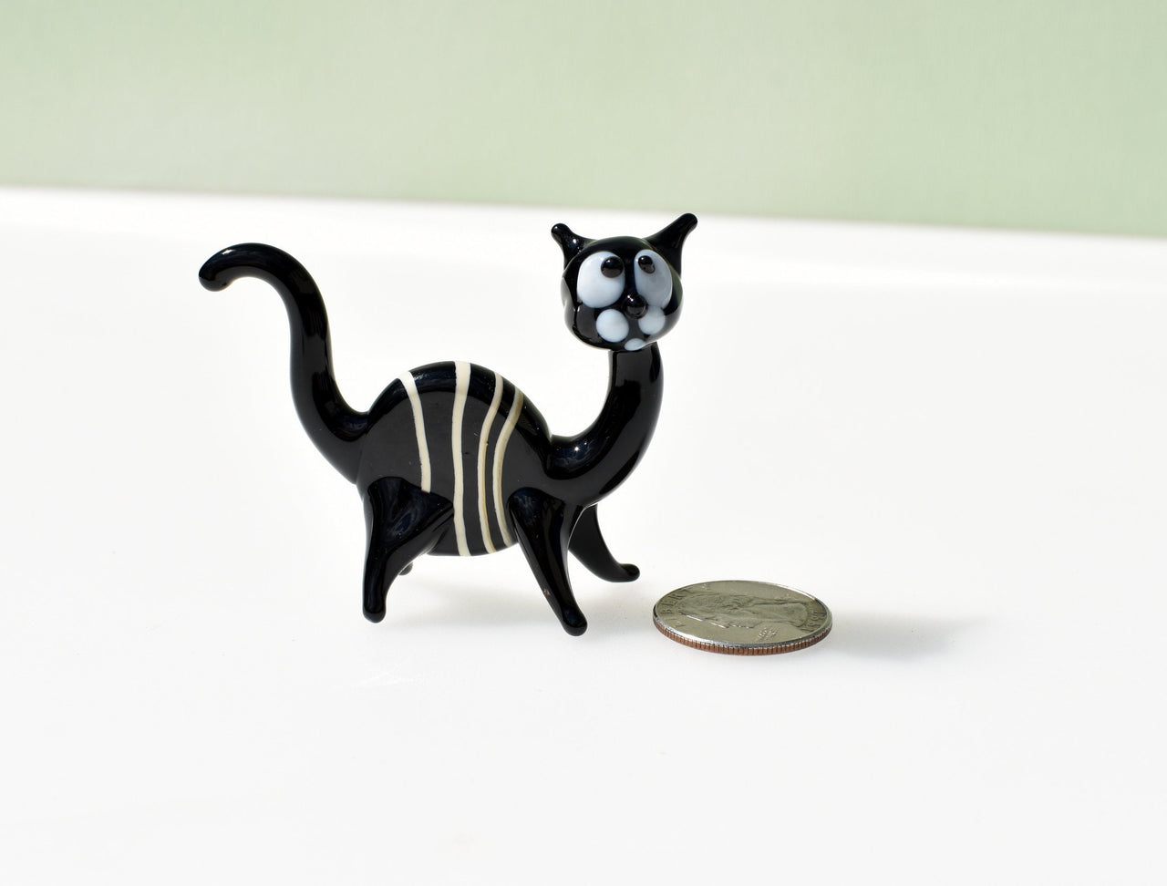 Handmade Black & White Striped Glass Cat Figurine: Art Glass Sculpture
