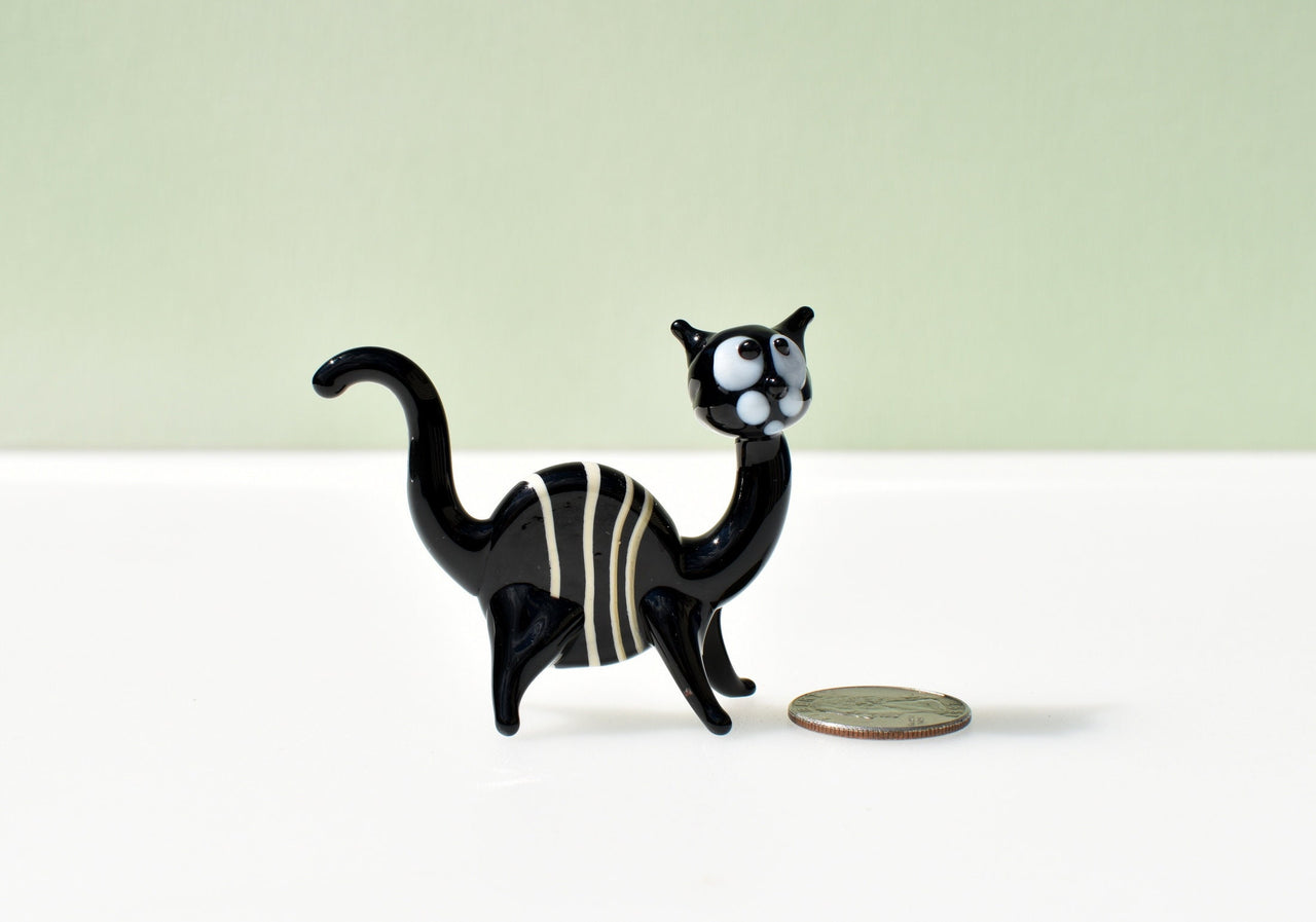 Handmade Black & White Striped Glass Cat Figurine: Art Glass Sculpture