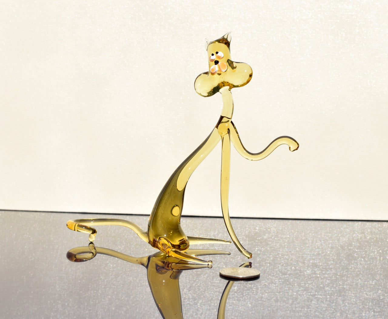 Amber Glass  Yoga Cat, whimsical  cheerful character  for your glass menagerie.