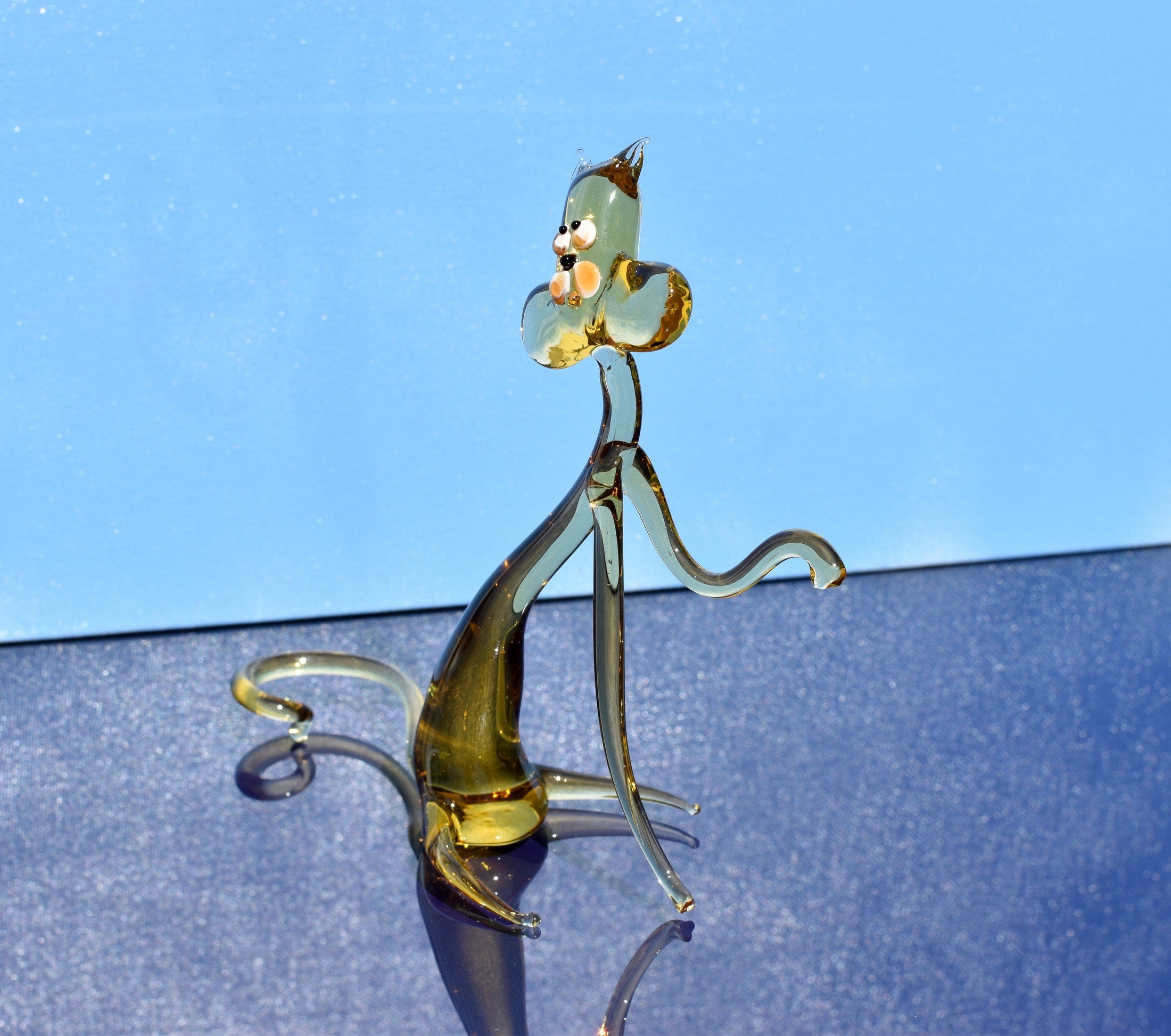 Amber Glass  Yoga Cat, whimsical  cheerful character  for your glass menagerie.
