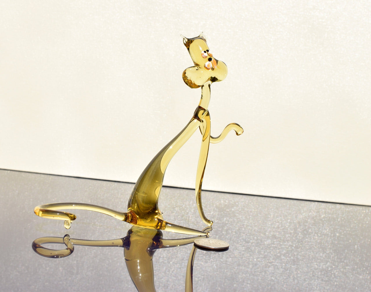 Amber Glass  Yoga Cat, whimsical  cheerful character  for your glass menagerie.