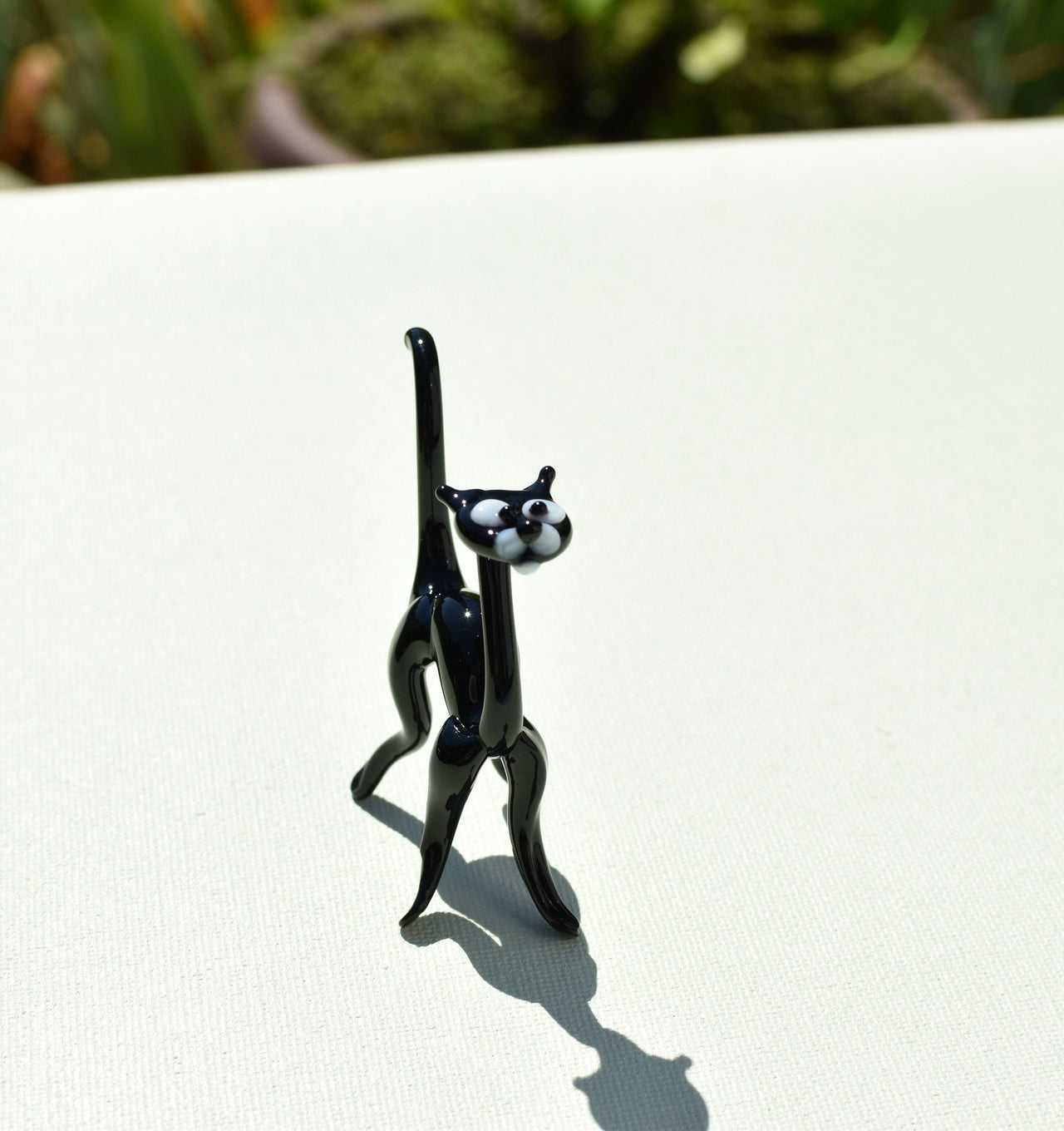 Handmade Glass Black Cat Figurine: Whimsical Art Glass Sculpture
