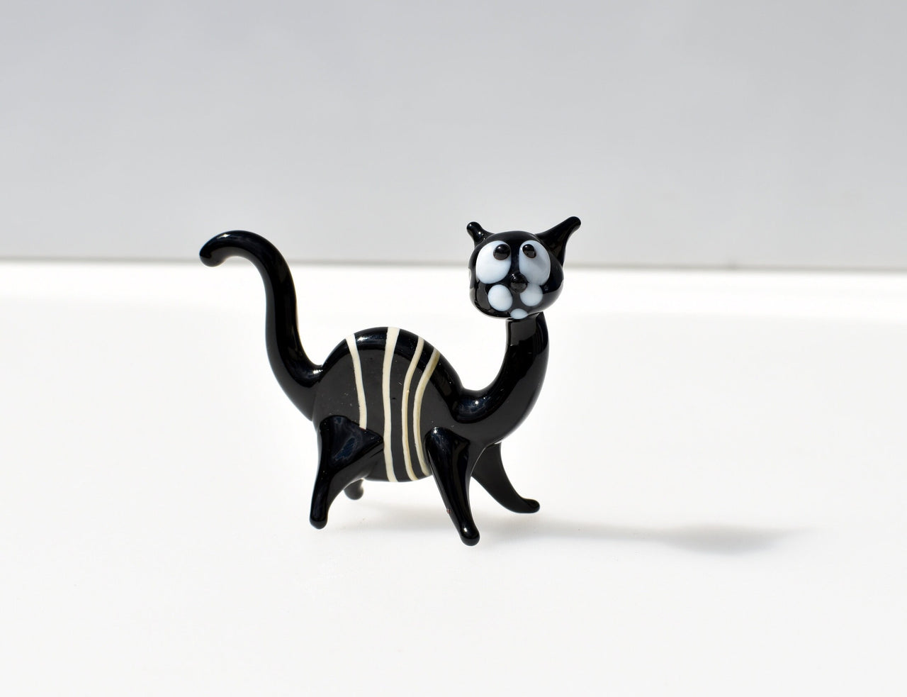 Handmade Black & White Striped Glass Cat Figurine: Art Glass Sculpture