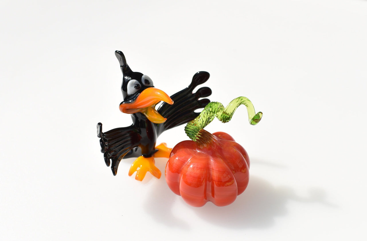 Handmade Glass Crow Figurine: Whimsical Art Glass Sculpture