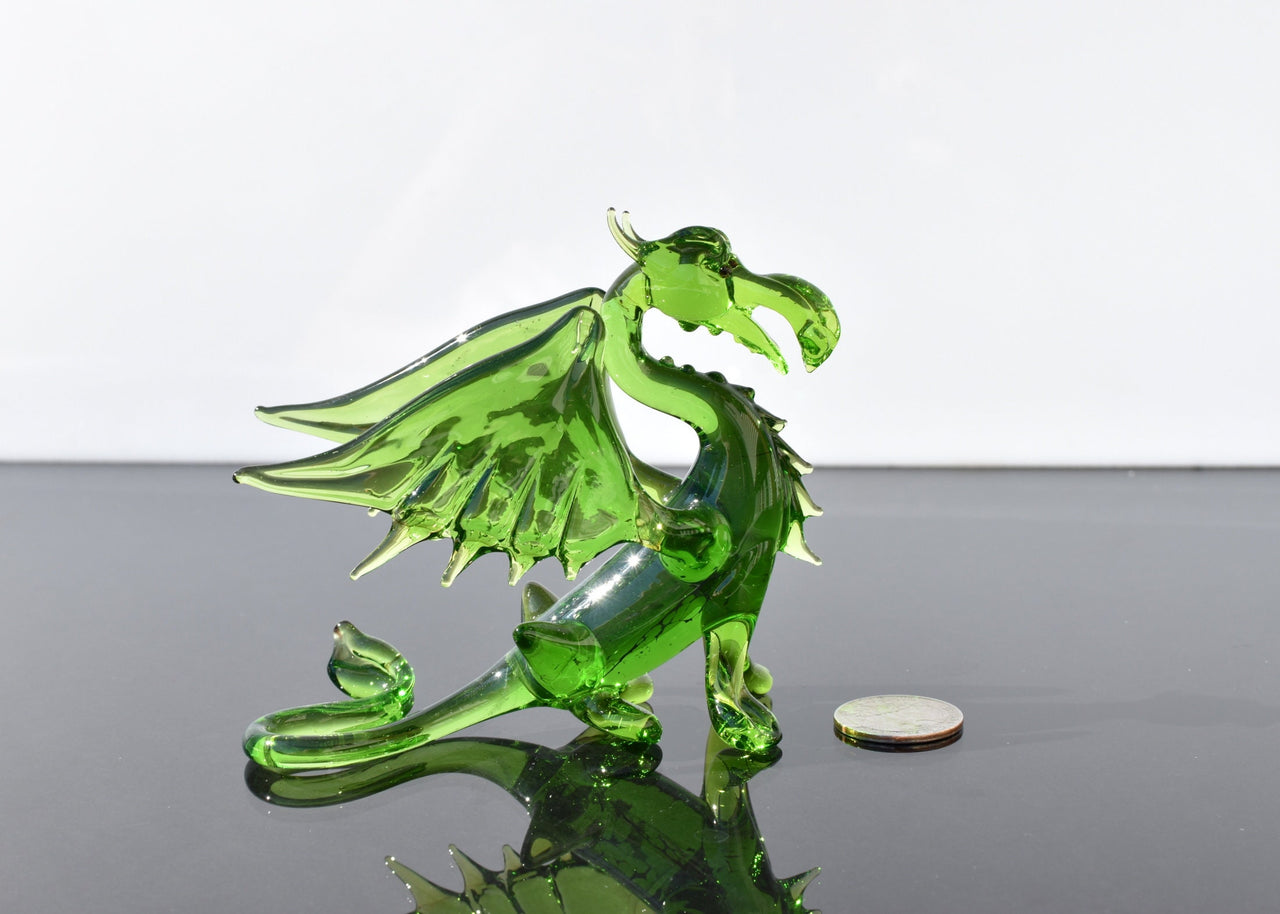 Green Glass Dragon Figurine: Hand-Blown Flame Work Art