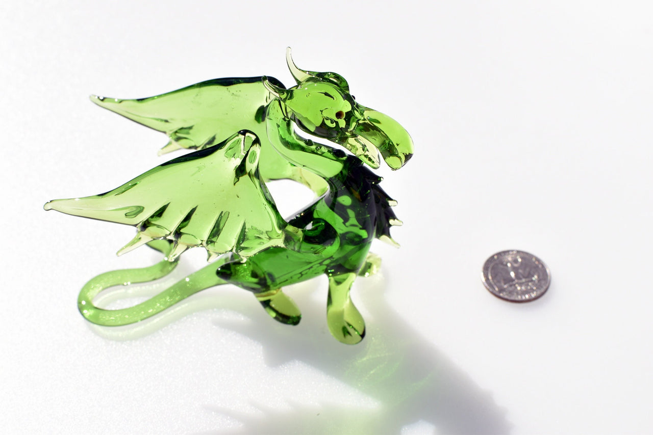 Green Glass Dragon Figurine: Hand-Blown Flame Work Art