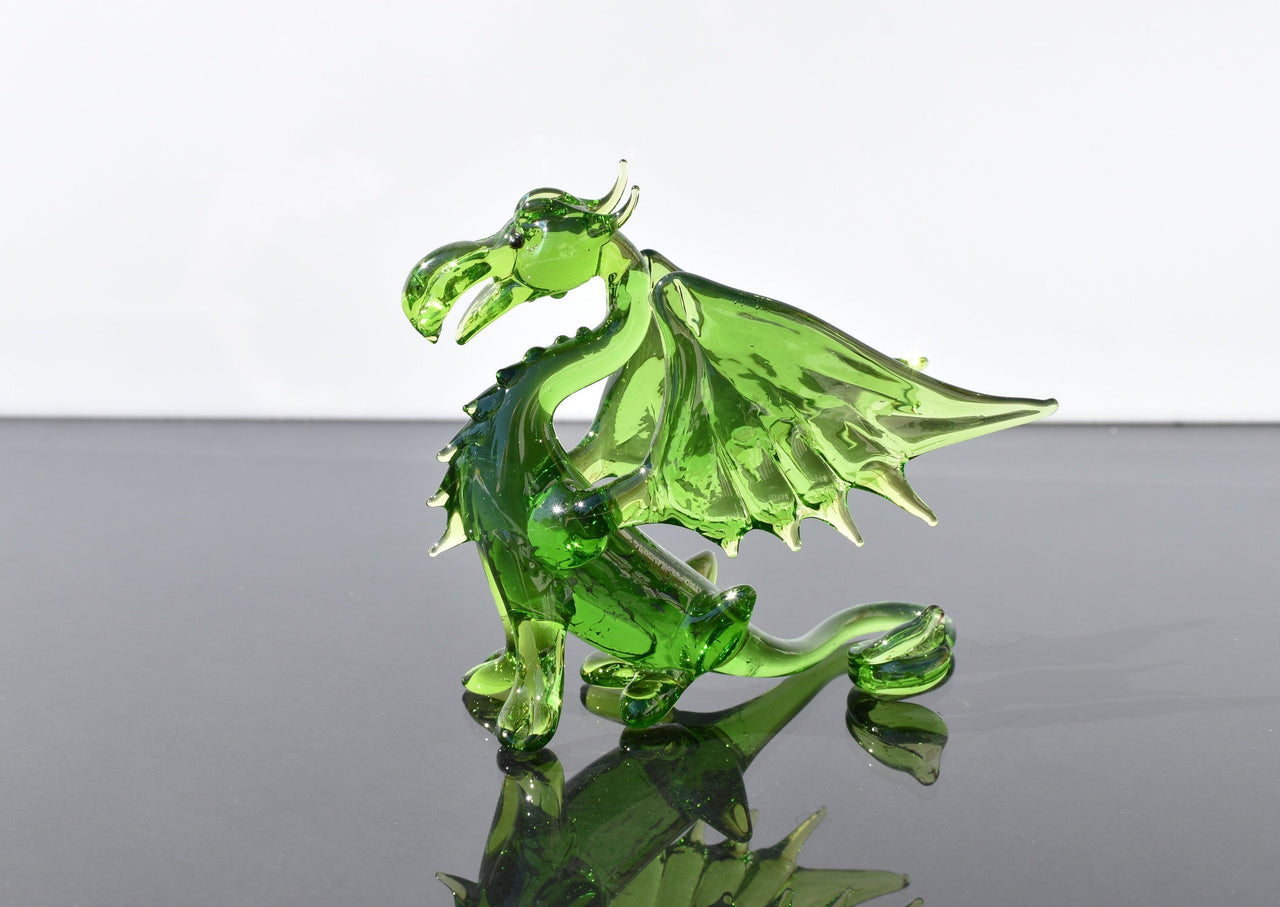 Green Glass Dragon Figurine: Hand-Blown Flame Work Art