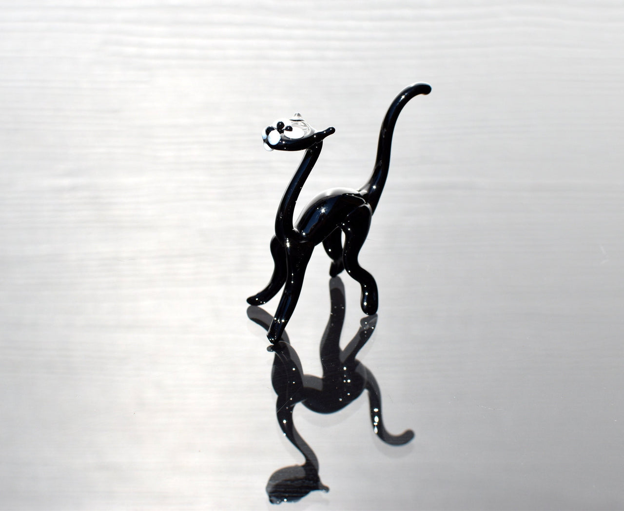 Handmade Glass Black Cat Figurine: Whimsical Art Glass Sculpture