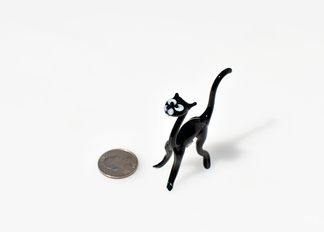 Handmade Glass Black Cat Figurine: Whimsical Art Glass Sculpture