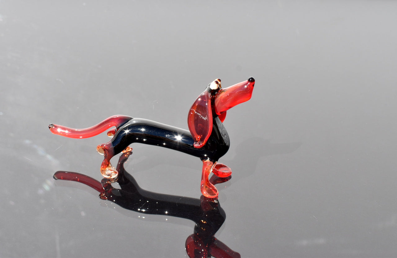 Handmade Glass Dachshund Figurine: Black and Red Art Glass