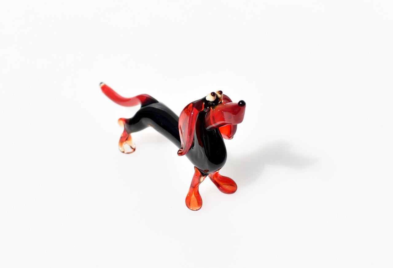 Handmade Glass Dachshund Figurine: Black and Red Art Glass