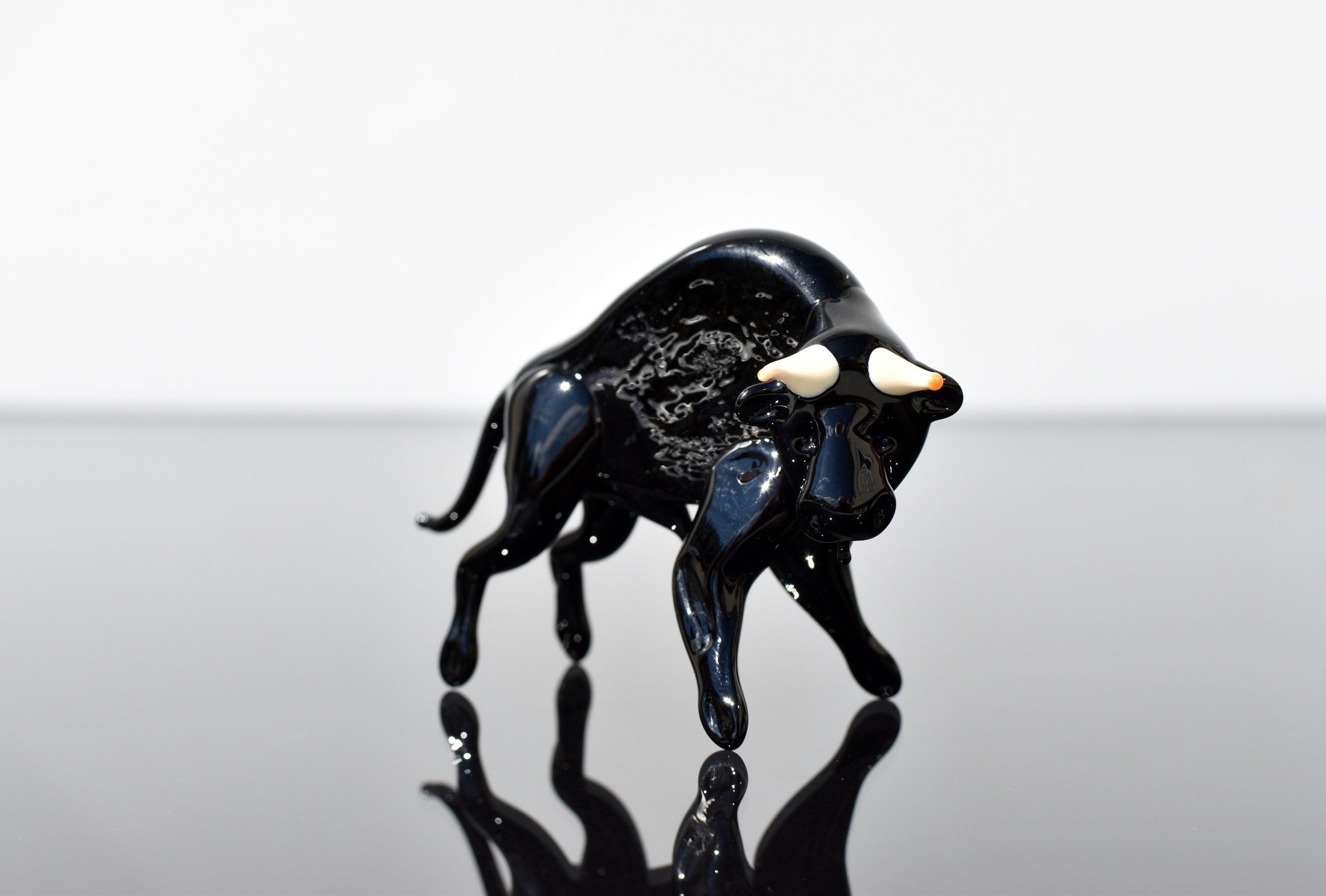 Black Glass Buffalo Figurine: Hand-Blown Art Glass, 3.5 Inch