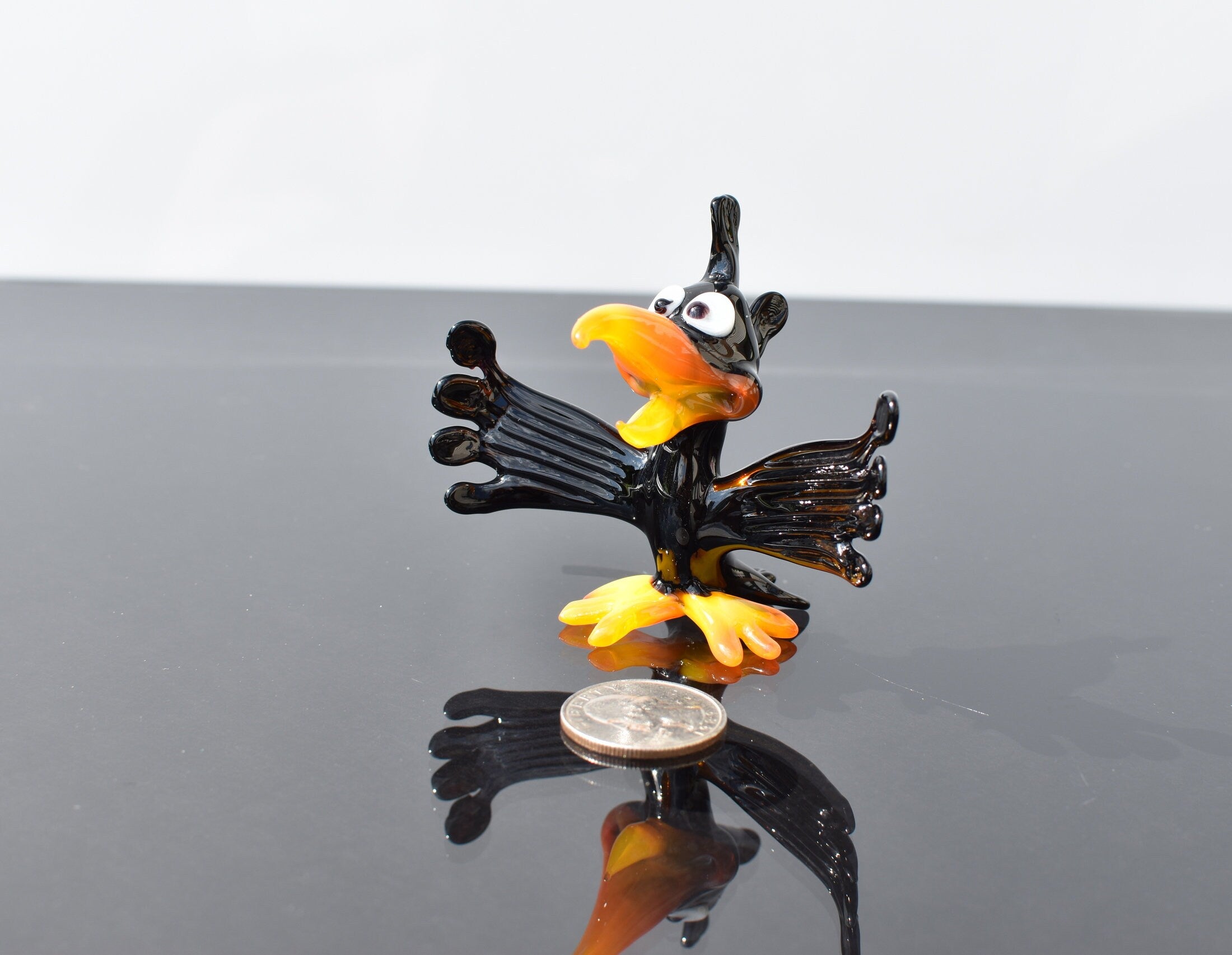Handmade Glass Crow Figurine: Whimsical Art Glass Sculpture