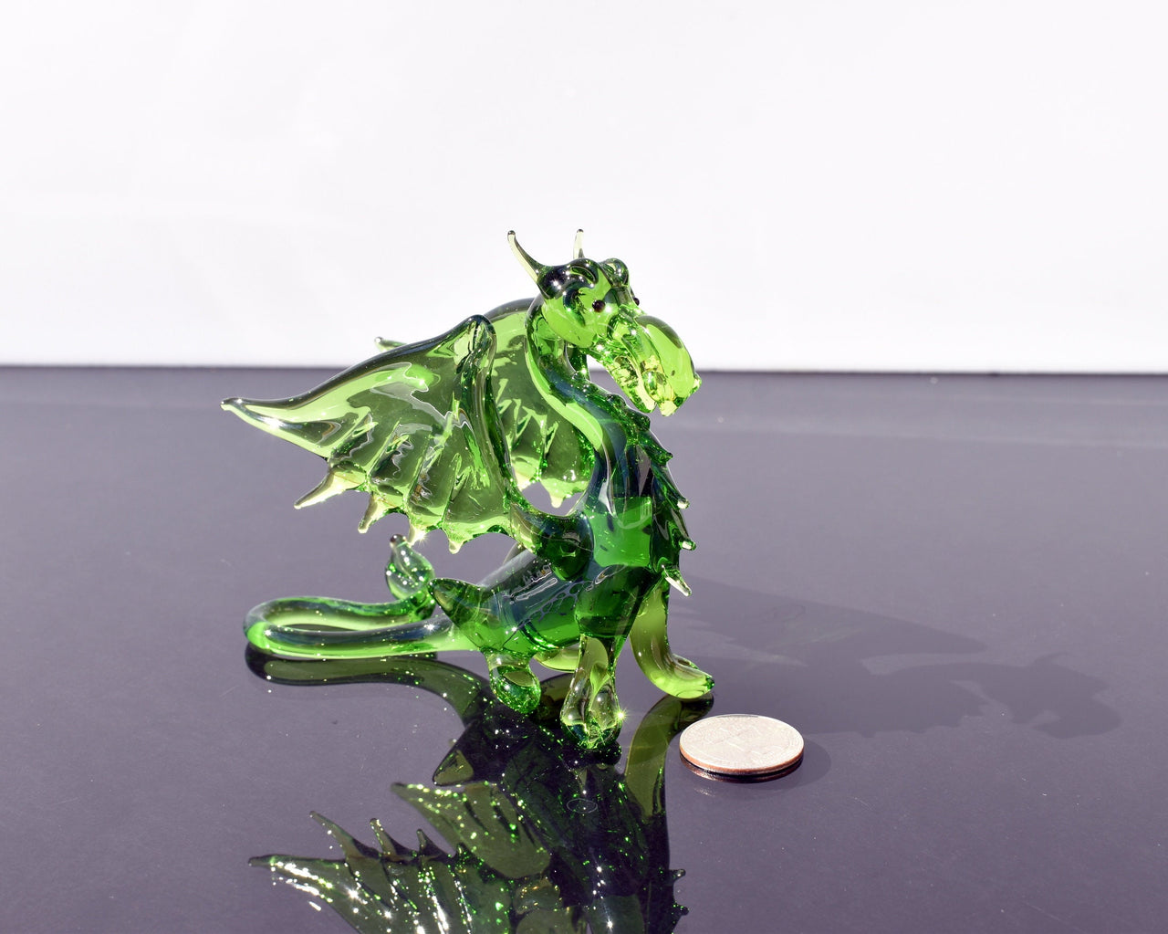 Green Glass Dragon Figurine: Hand-Blown Flame Work Art