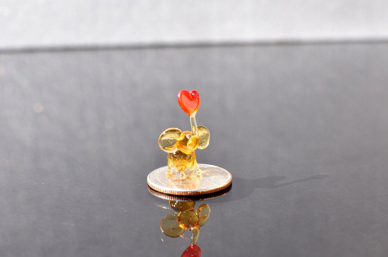 Handmade Yellow Glass Elephant Figurine With Heart - Romantic Valentine’s Day Gift - Blown Glass Animal Desk Decor