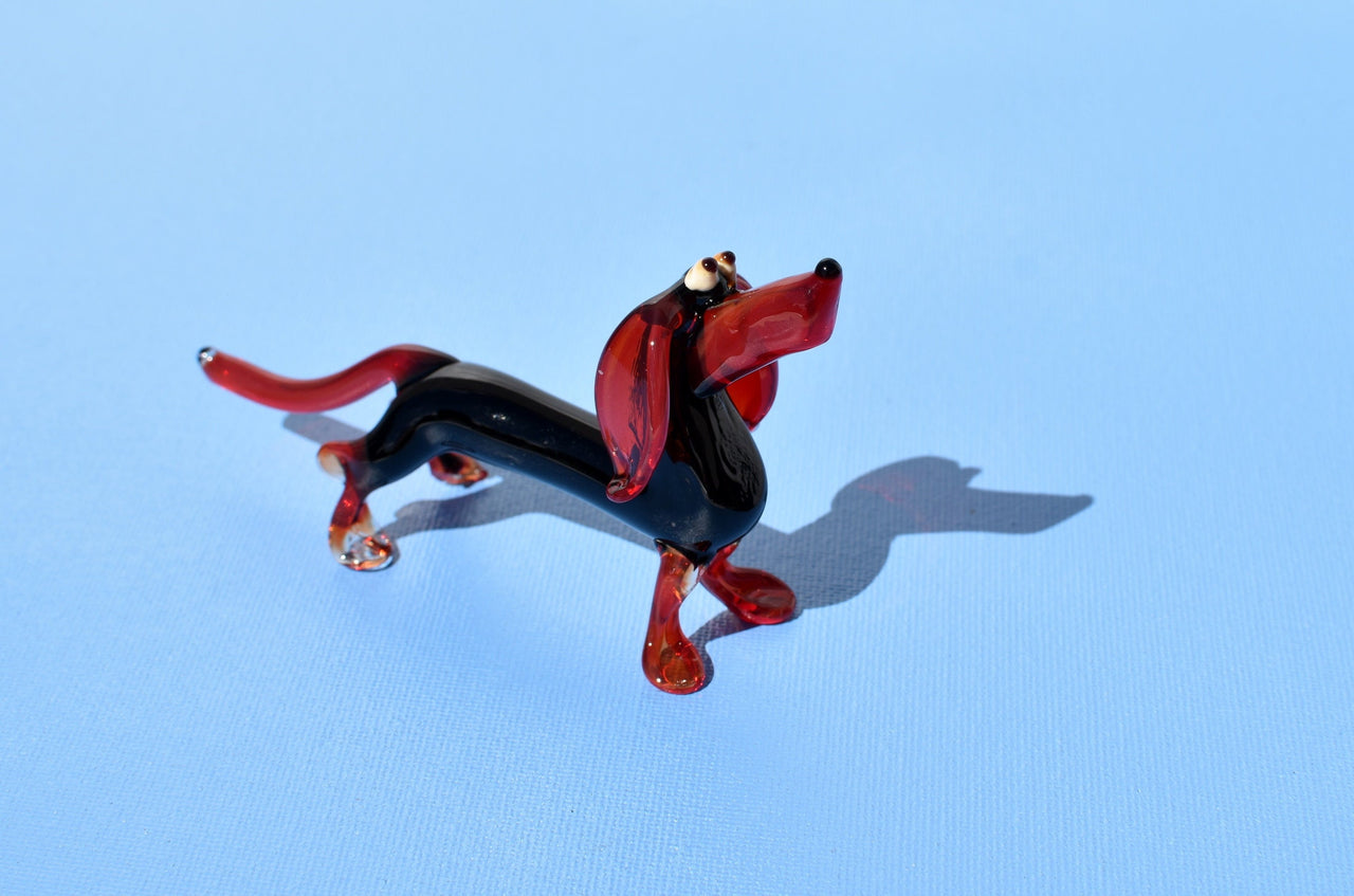 Handmade Glass Dachshund Figurine: Black and Red Art Glass