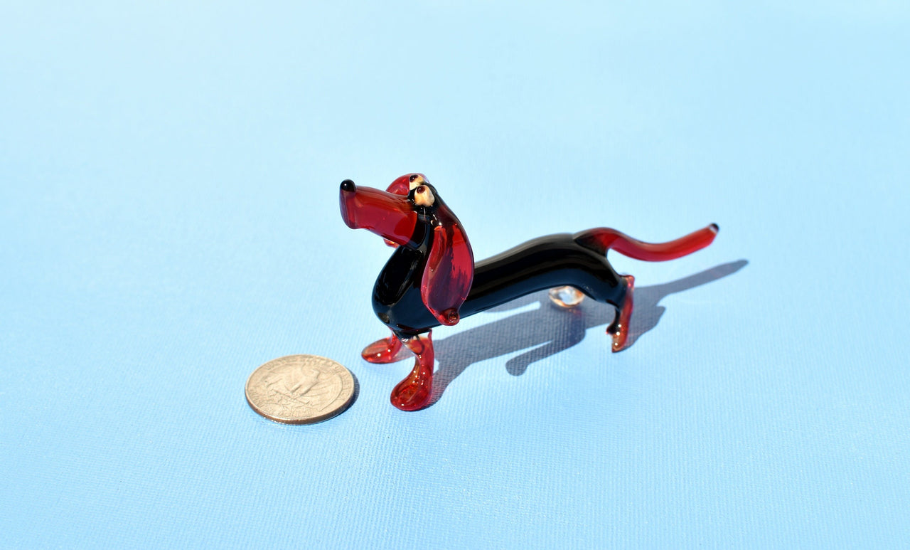 Handmade Glass Dachshund Figurine: Black and Red Art Glass