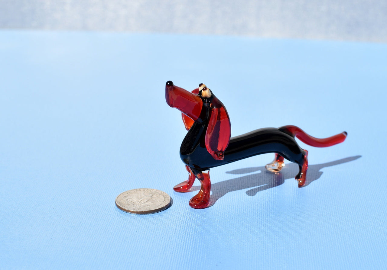 Handmade Glass Dachshund Figurine: Black and Red Art Glass