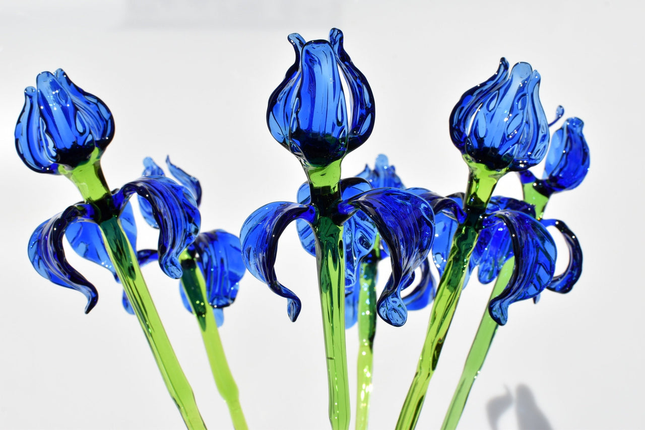 Hand Blown Glass Iris Flowers - Handmade Glass Flowers Long Stem - Murano Style Blue Iris - Glass Flower Bouquet Gift - Unique Gift for Her