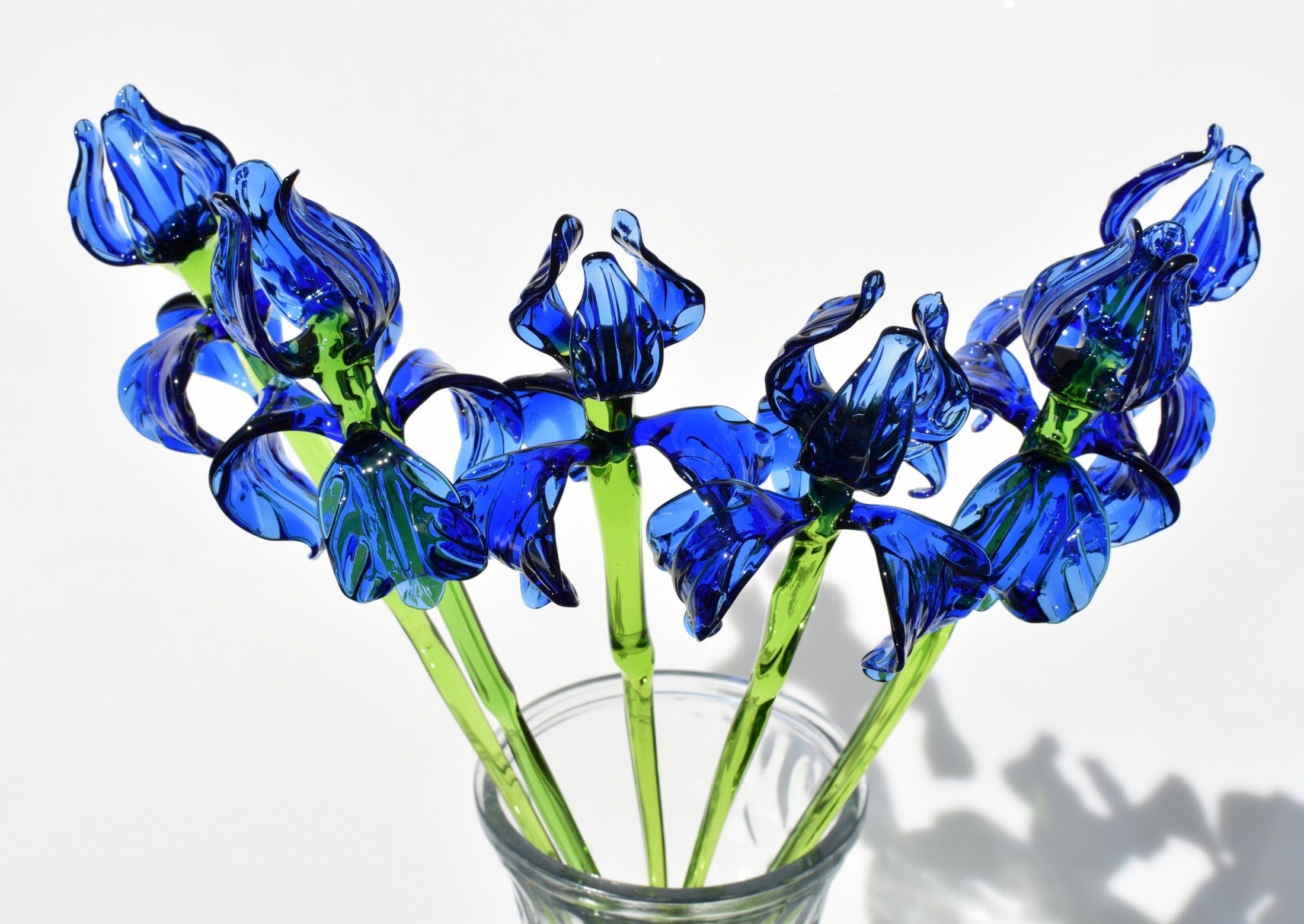 Hand Blown Glass Iris Flowers - Handmade Glass Flowers Long Stem - Murano Style Blue Iris - Glass Flower Bouquet Gift - Unique Gift for Her