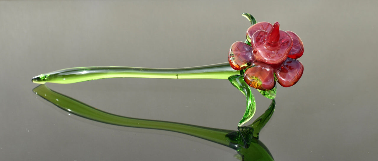 Hand Blown Red Glass Flower Sculpture: Flame Work Art Glass