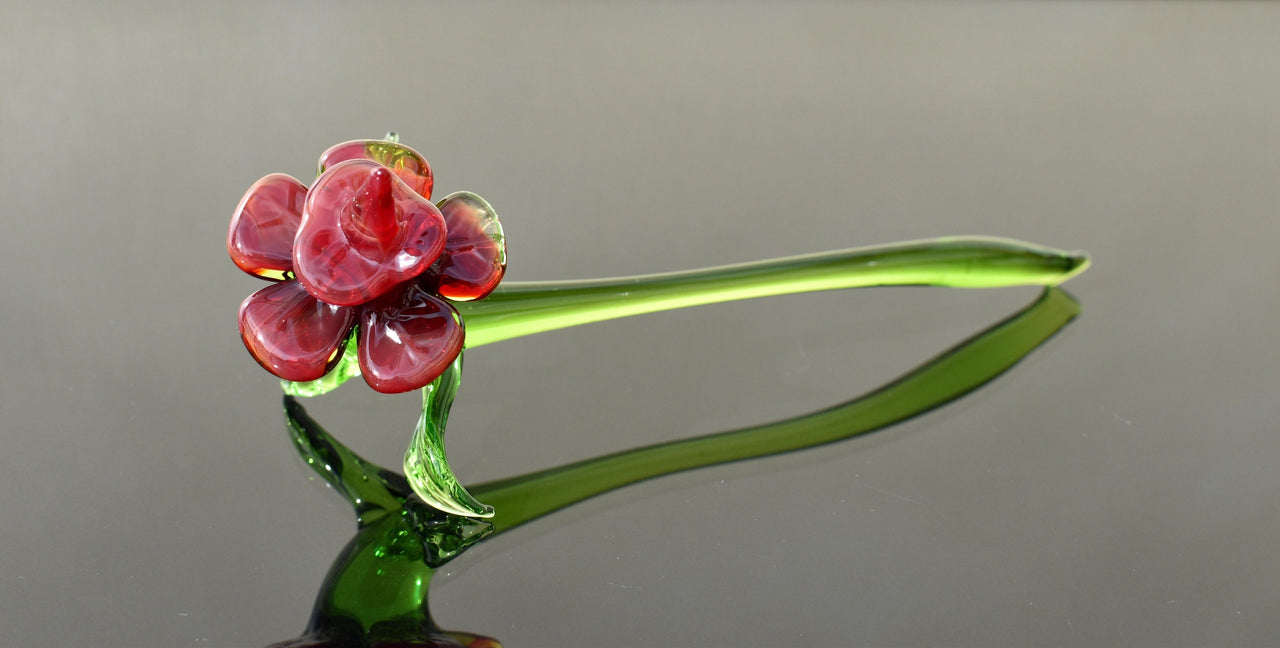 Hand Blown Red Glass Flower Sculpture: Flame Work Art Glass