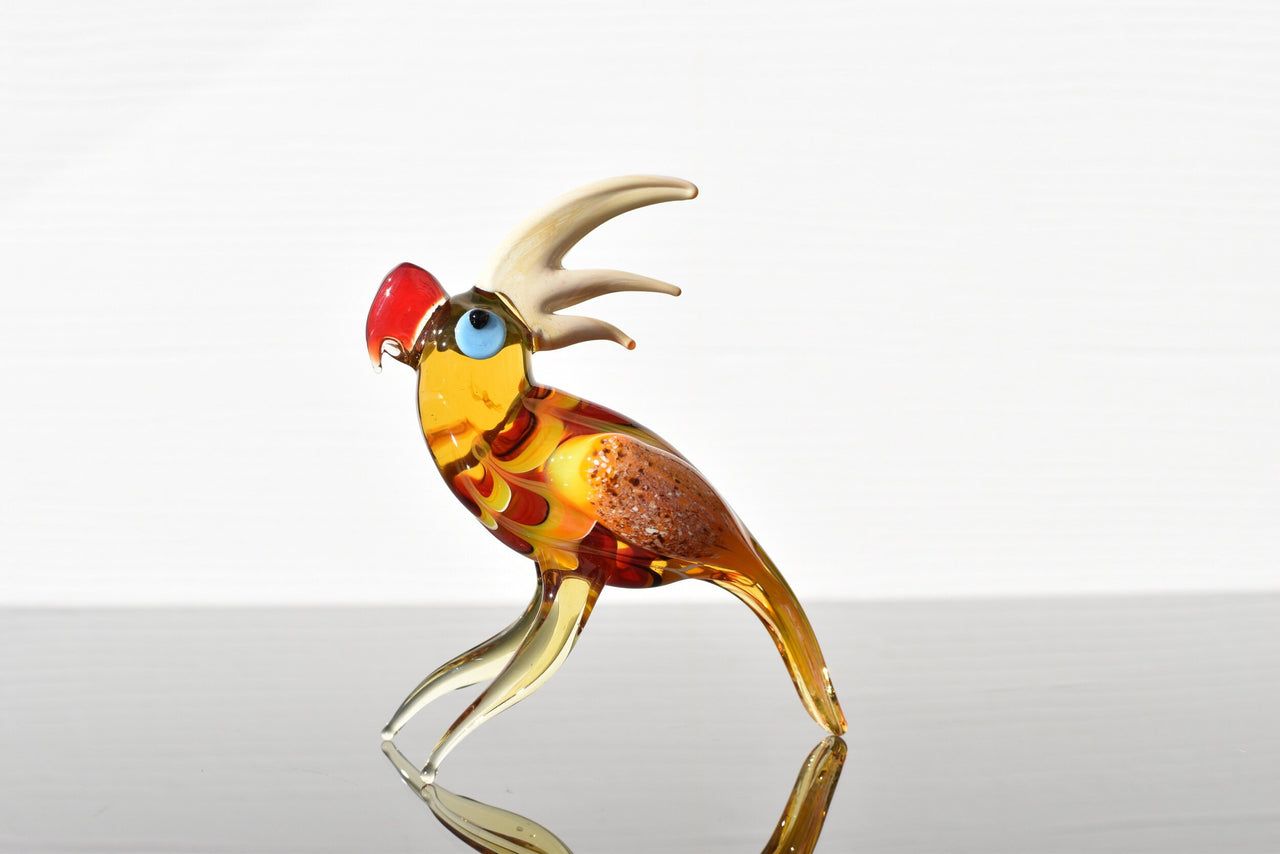 Handmade Colorful Glass Parrot Figurine: Whimsical Art Glass Sculpture