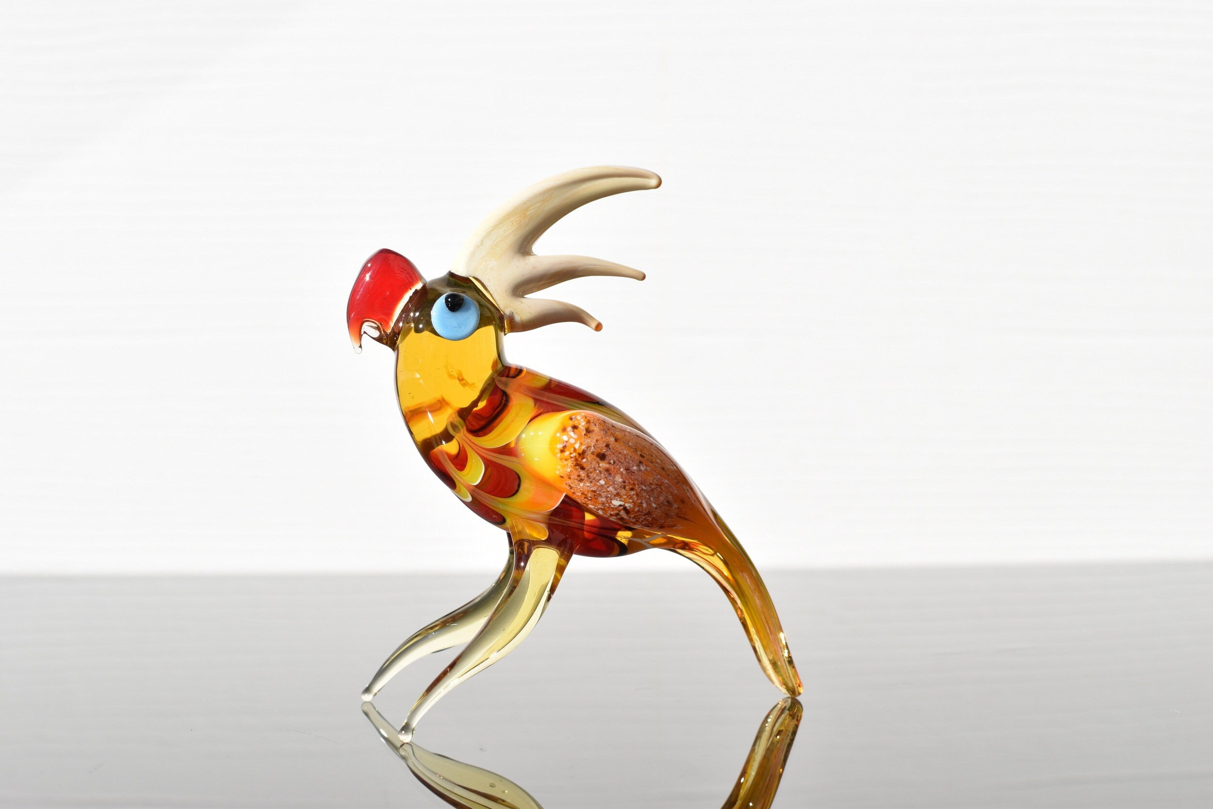 Handmade Colorful Glass Parrot Figurine: Whimsical Art Glass Sculpture