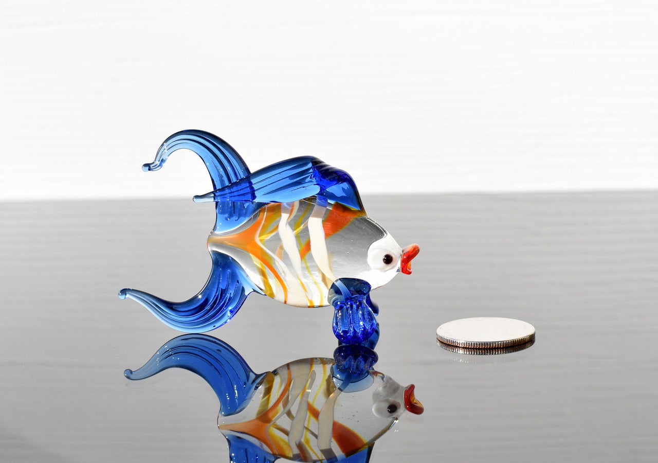 Handmade Flame Worked Glass Goldfish Figurine - Blue Clear Collectible