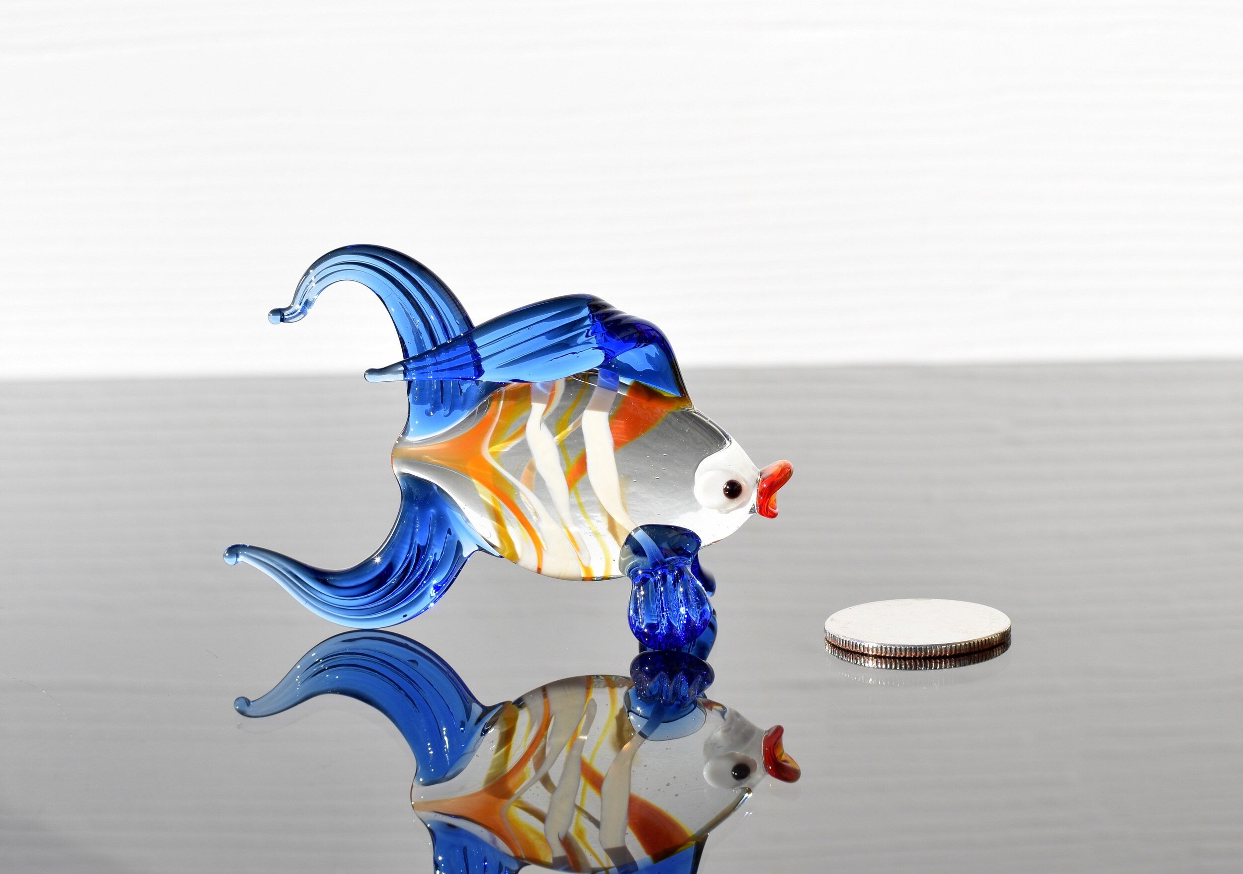 Handmade Flame Worked Glass Goldfish Figurine - Blue Clear Collectible