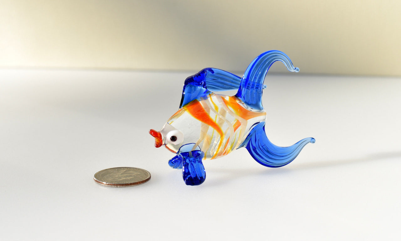 Handmade Flame Worked Glass Goldfish Figurine - Blue Clear Collectible