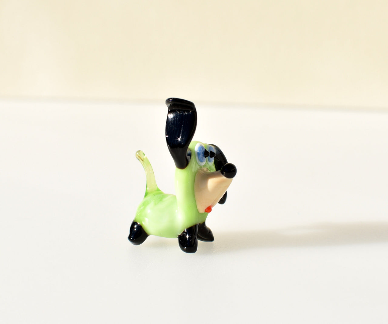 Lime-Green Glass Dog Figurine: Whimsical Handmade Sculpture