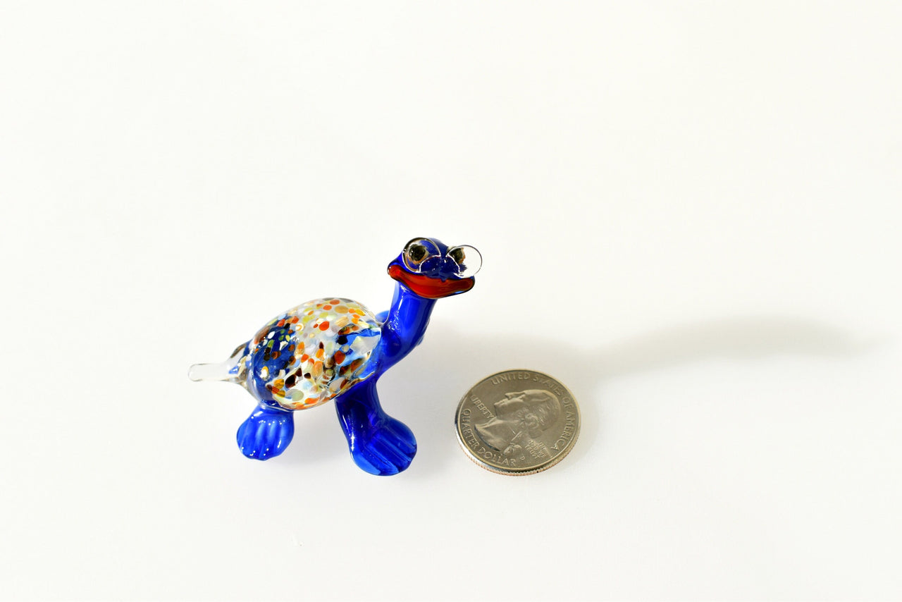Whimsical Glass Turtle Figurine: Blue Turtle with Glasses, Handmade Sculpture