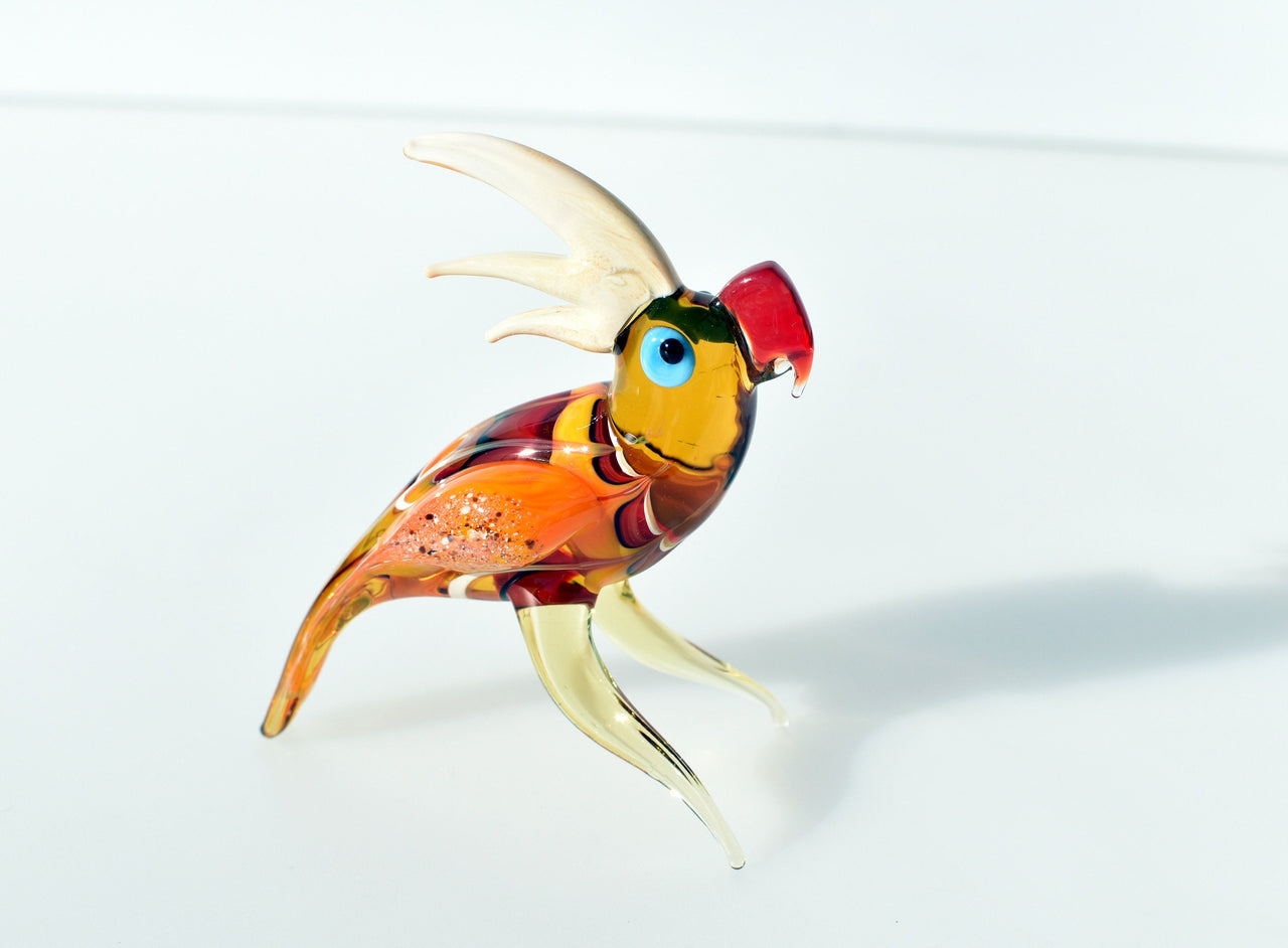 Handmade Colorful Glass Parrot Figurine: Whimsical Art Glass Sculpture