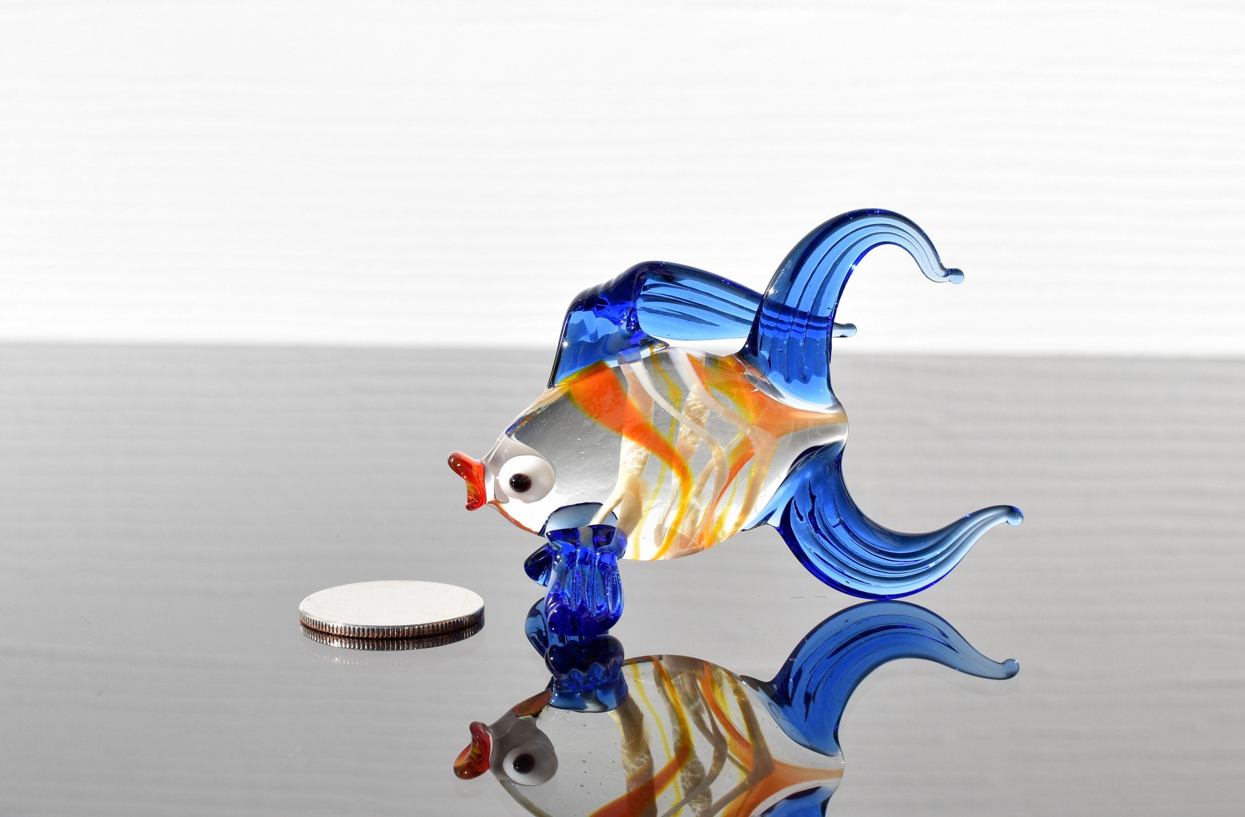 Handmade Flame Worked Glass Goldfish Figurine - Blue Clear Collectible