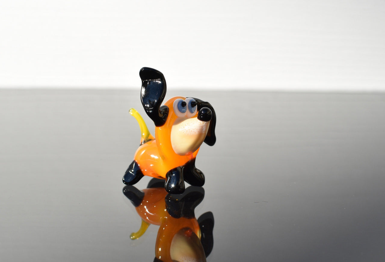 Handmade Orange Glass Dog Figurine: Whimsical Art Glass Sculpture
